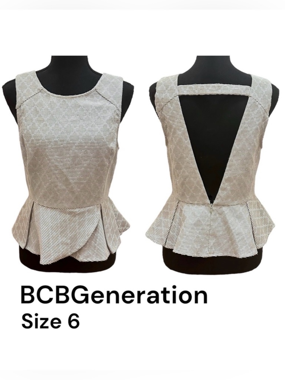 BCBGeneration Grey Diamond Print Open Back Peplum Top - Size 6